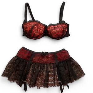 Agent Provocateur Brand New Black Red Lingerie Micro Skirt Garter Belt Bra Set